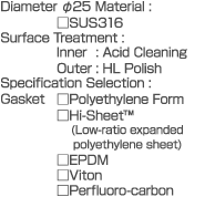 Diameter dia.25  Material: SUS316  Surface Treatment:  Inner: Acid Cleaning  Outer: HL Polish  Specification Selection:  Gasket  Polyethylene Form  Hi-Sheet  (Low-ratio expanded polyethylene sheet)  EPDM  Viton  Perfluoro-carbon